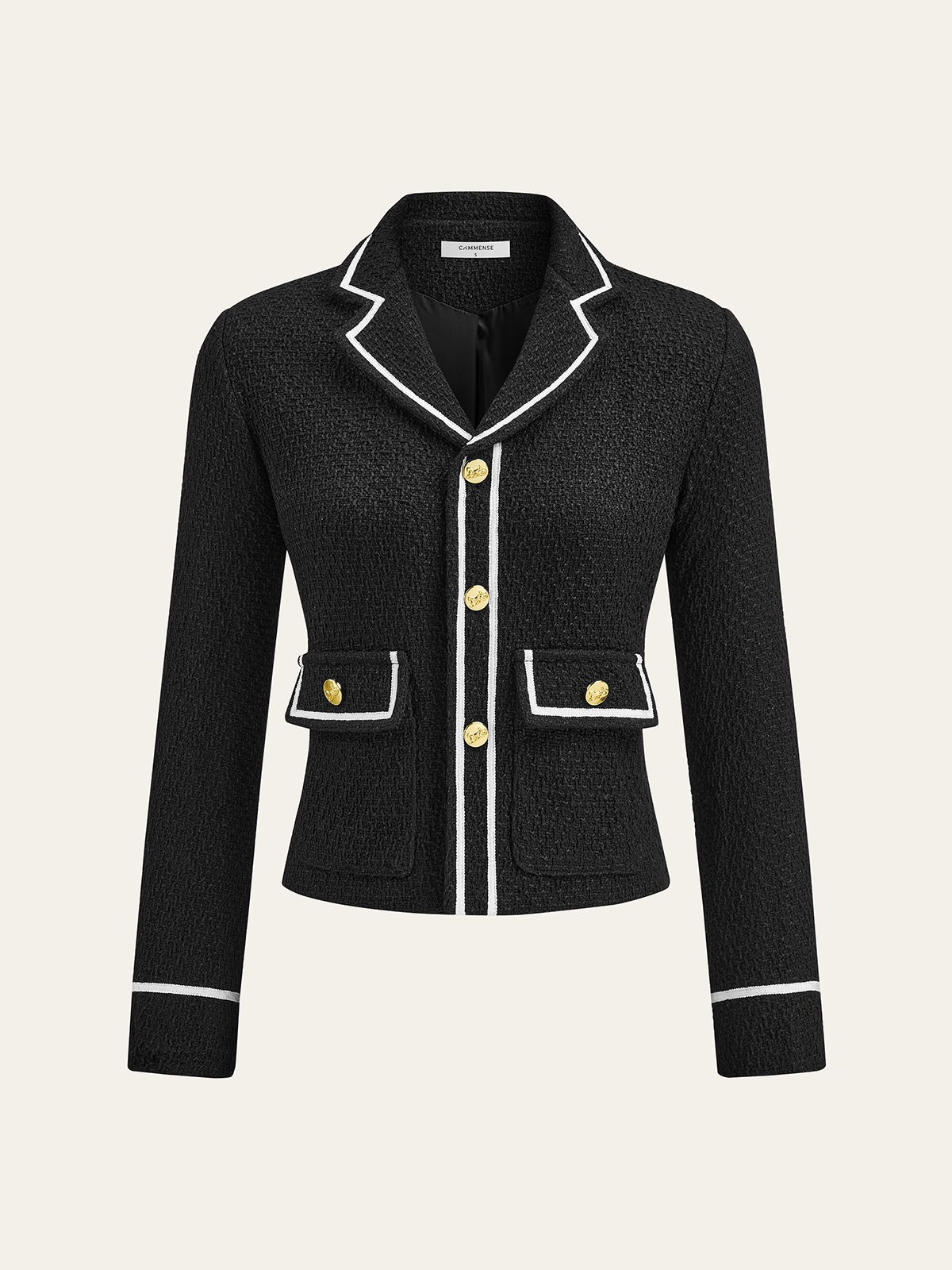 Contrast Trim Metal Button Tweed Blazer