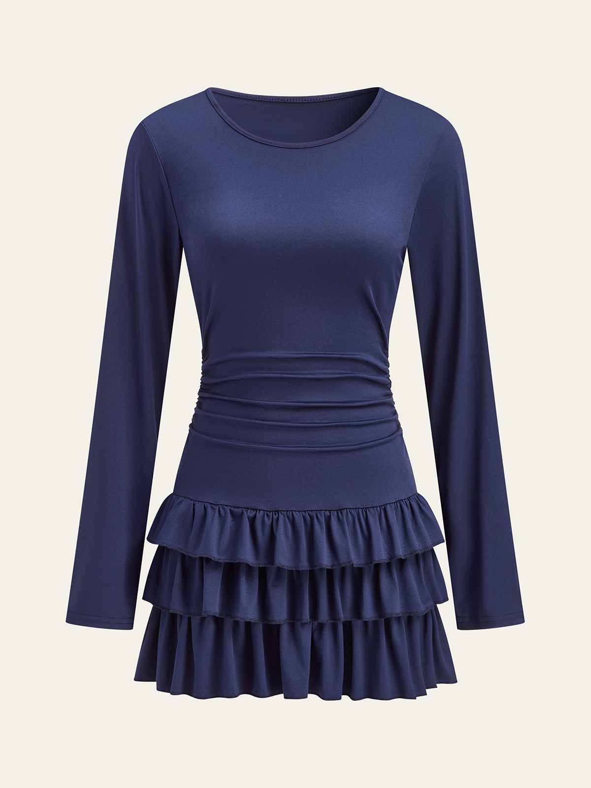 Robe à Manches Longues, Taille Froncée et Volants Superposés