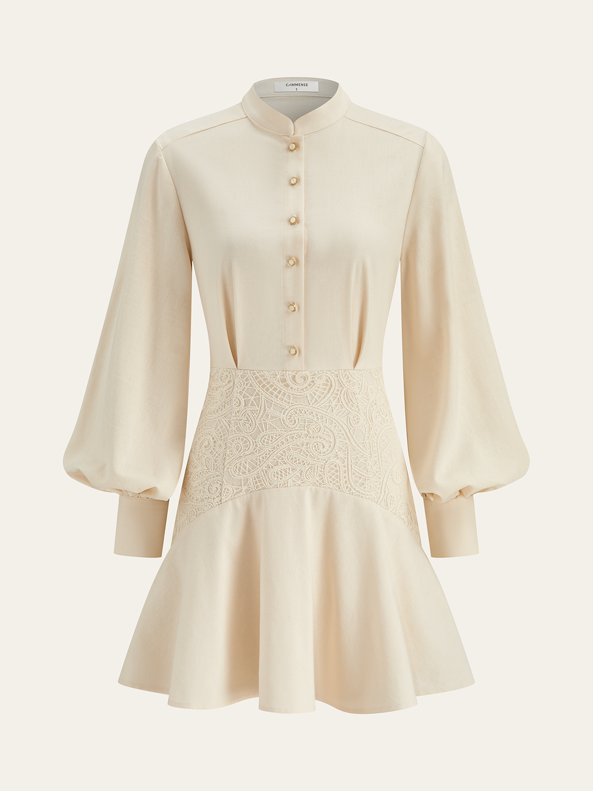 Stand Collar Button Lace Waist Dress