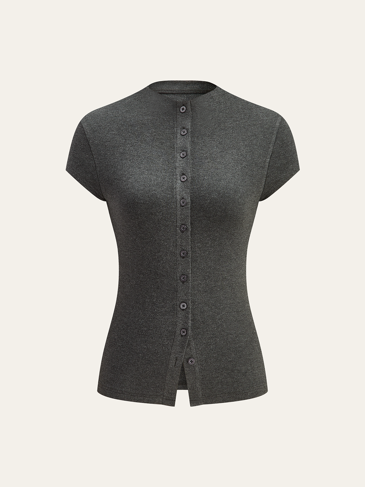 T-Shirt mit Mock-Neck, Kappenärmeln und Knopfleiste