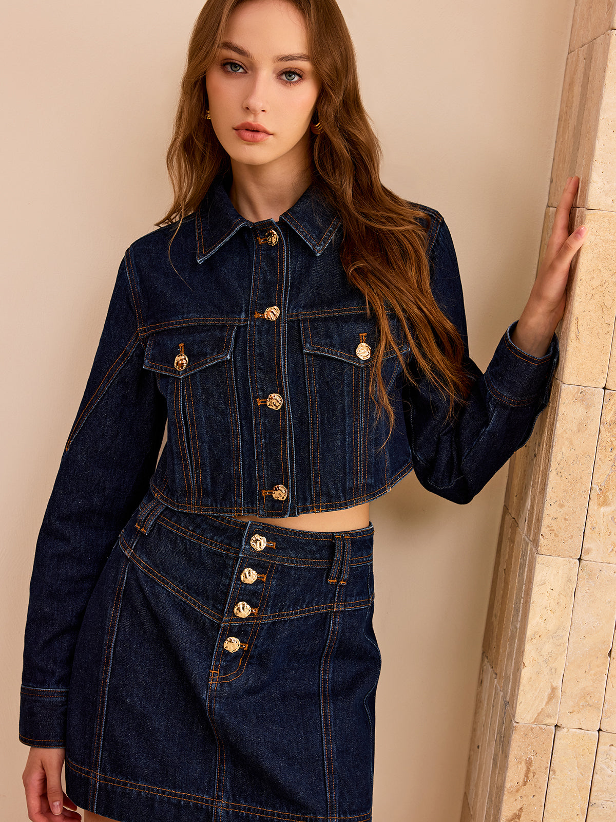Metal Button Cropped Denim Jacket