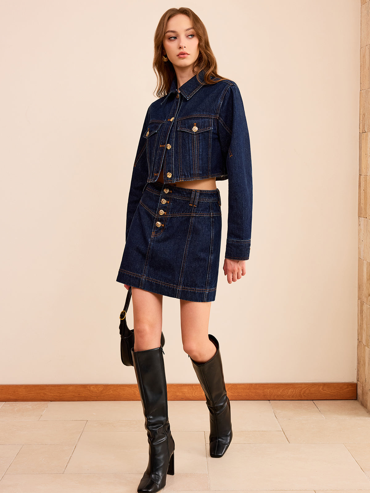 Metal Button Cropped Denim Jacket