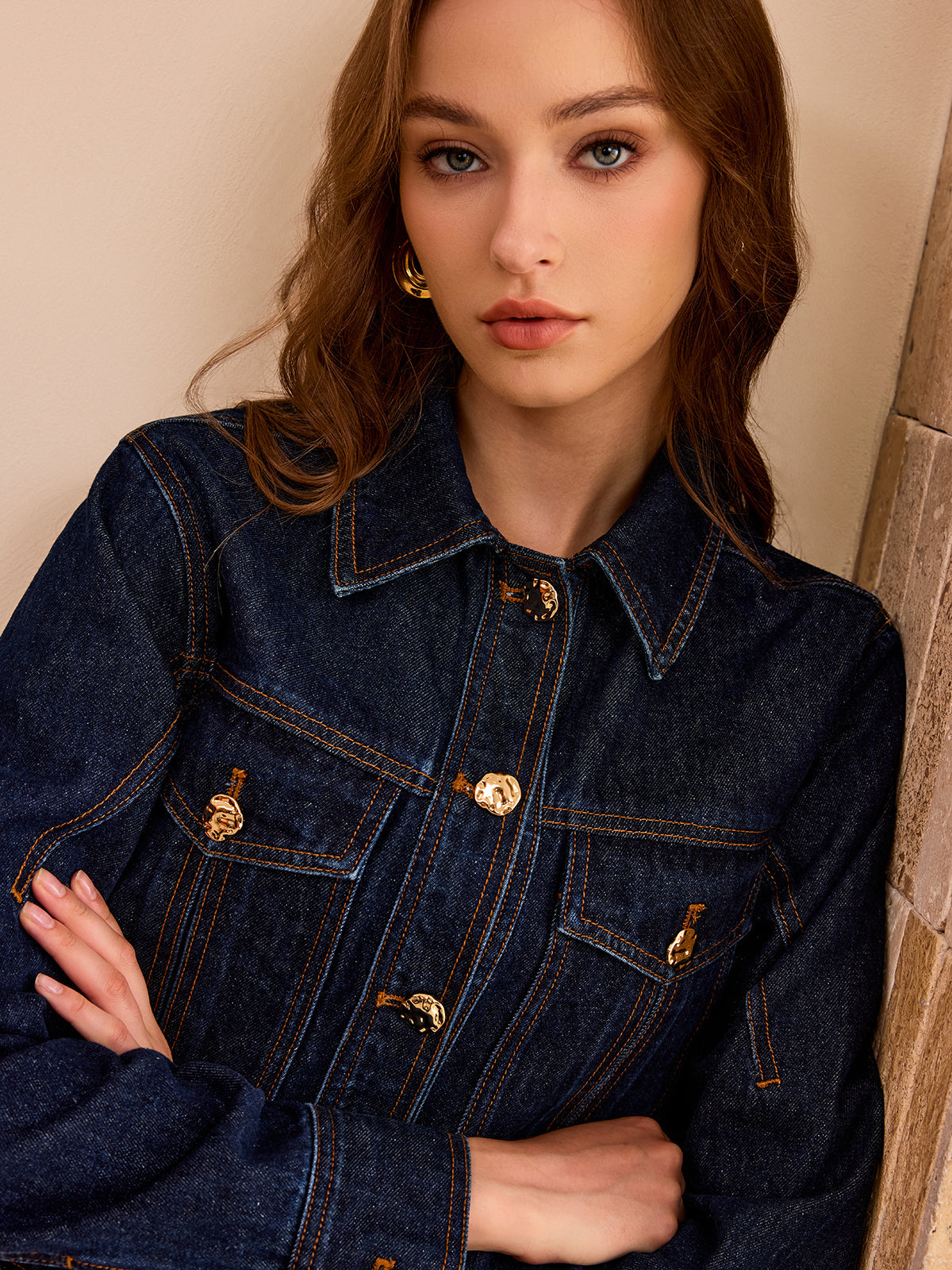 Metal Button Cropped Denim Jacket