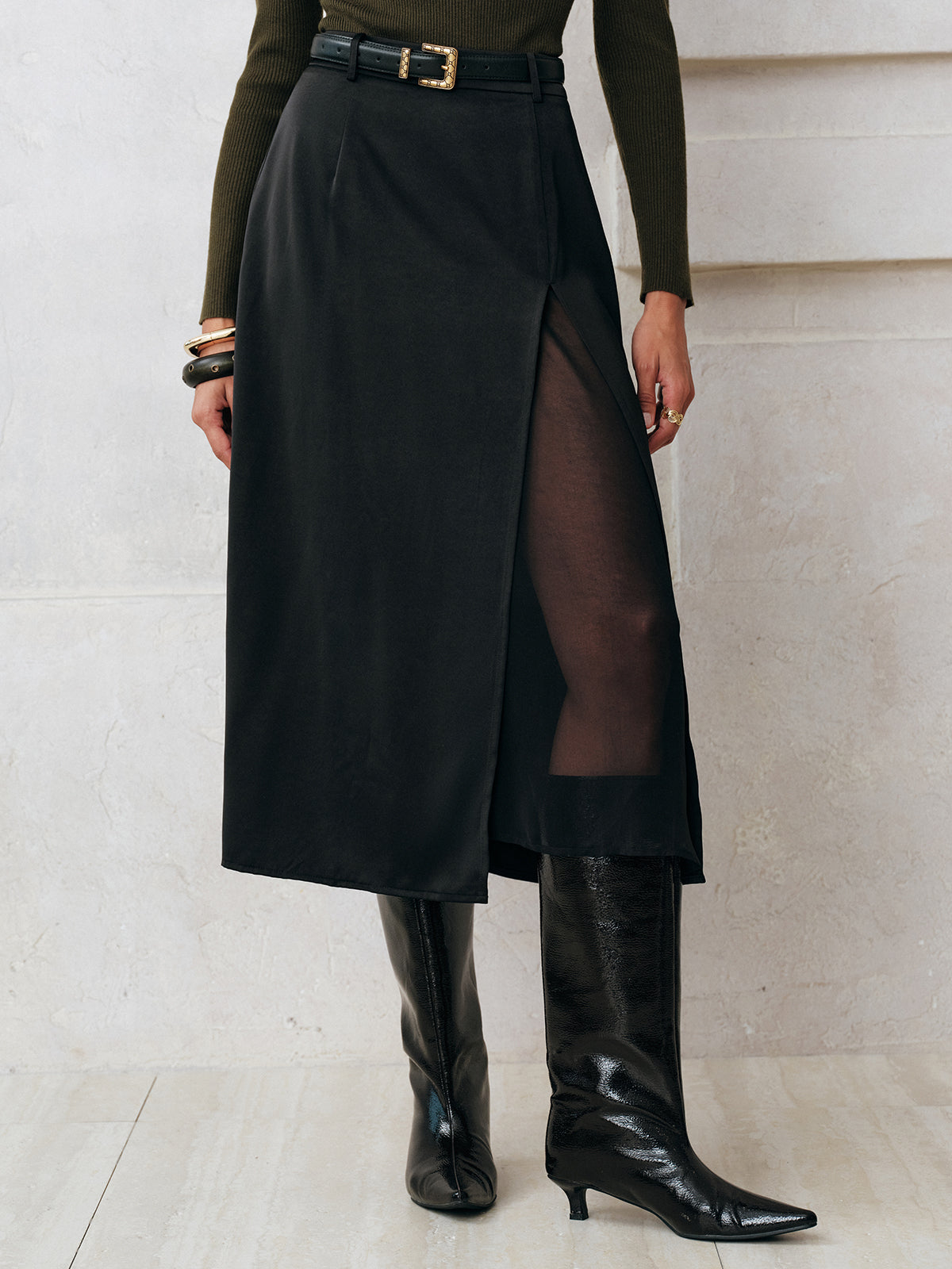 Transparenter Midirock mit Schlitz ohne Gürtel