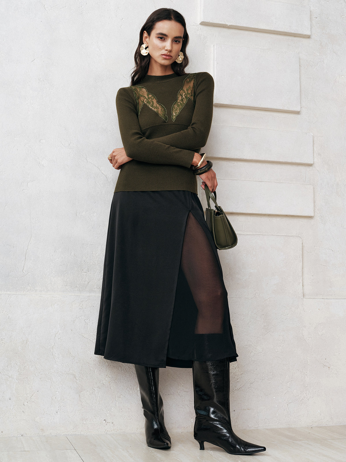 Transparenter Midirock mit Schlitz ohne Gürtel