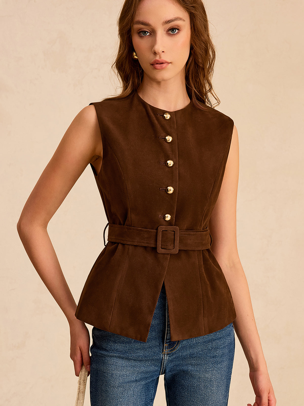 Suede Effect Vest with Belt