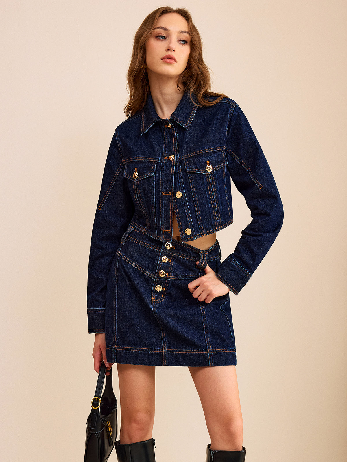 Metal Button Denim Mini Skirt