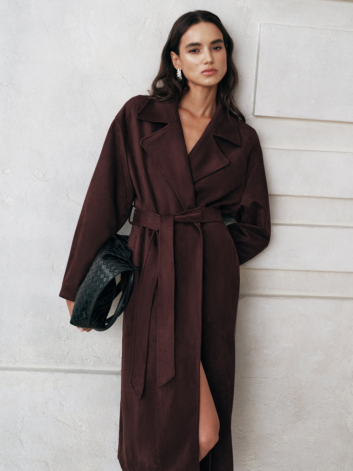 Trench-coat long ceinturé effet daim