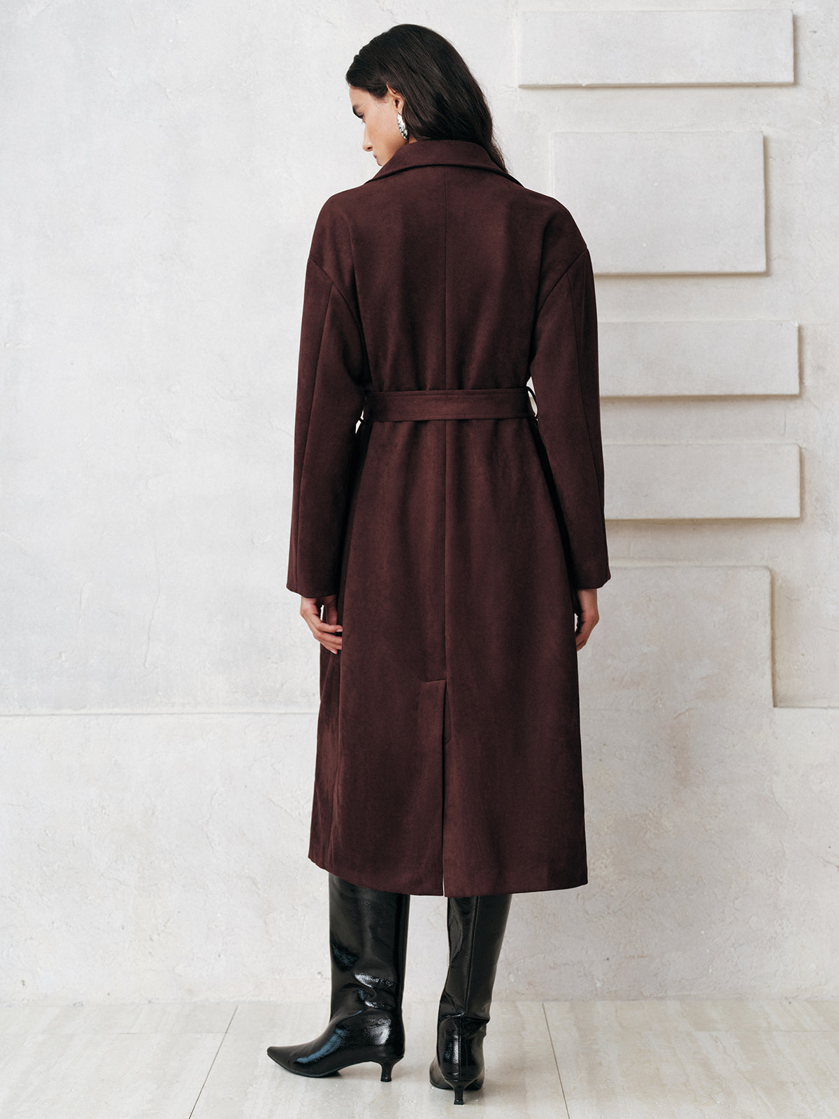 Suede Effect Belted Long Trench Coat