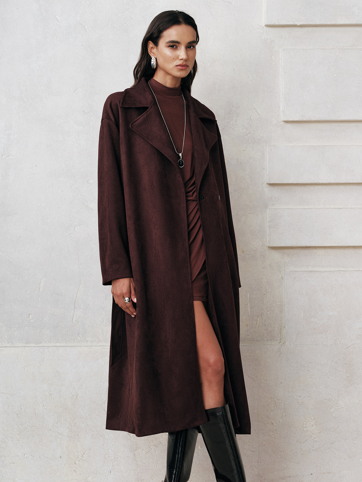 Suede Effect Belted Long Trench Coat
