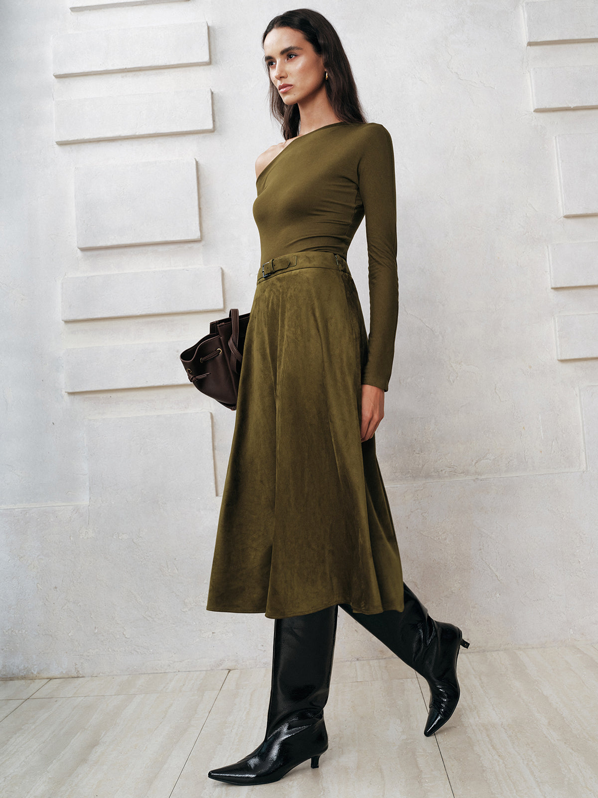 Soft Suede Effect A-Line Midi Skirt