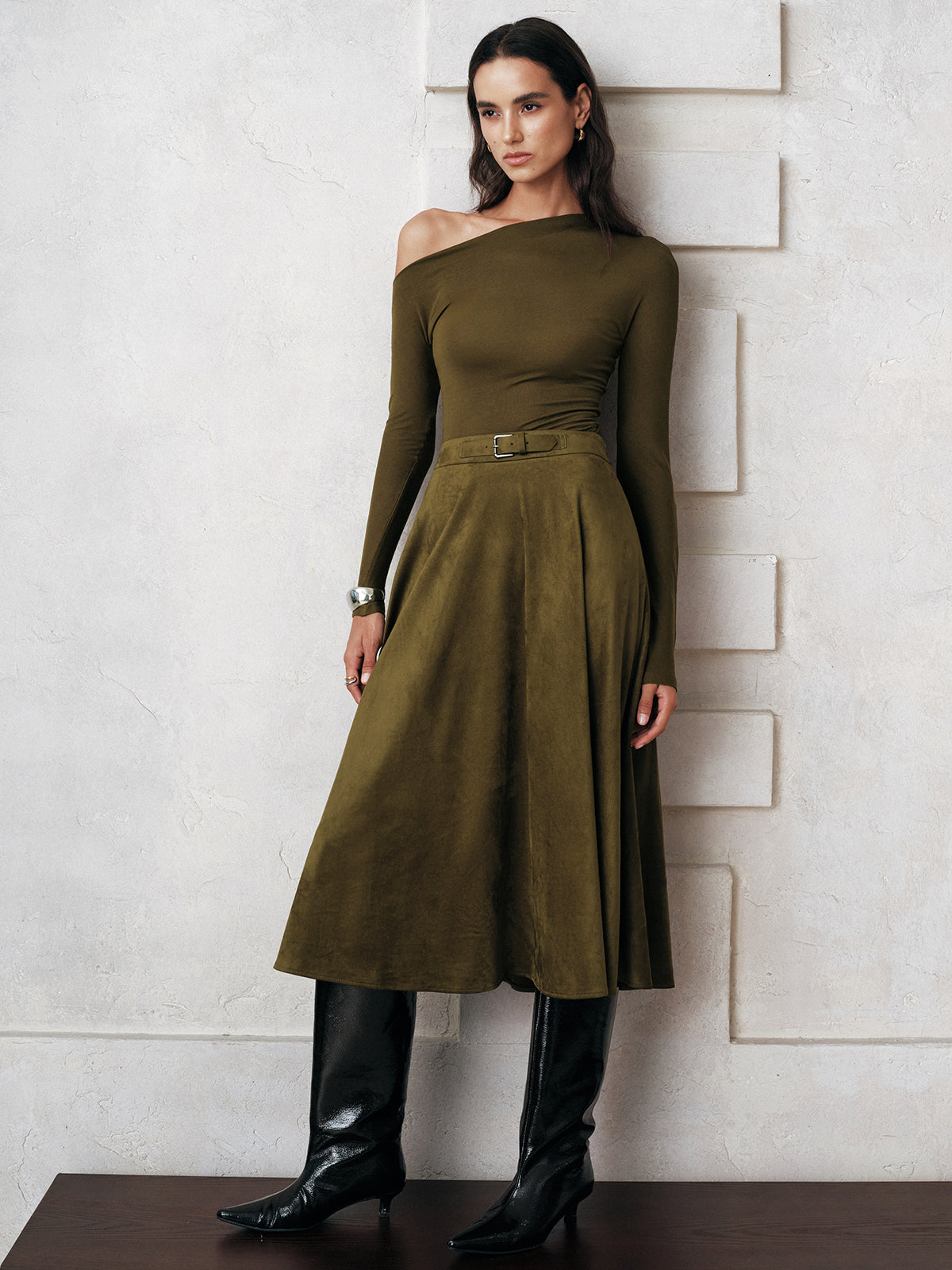 Soft Suede Effect A-Line Midi Skirt