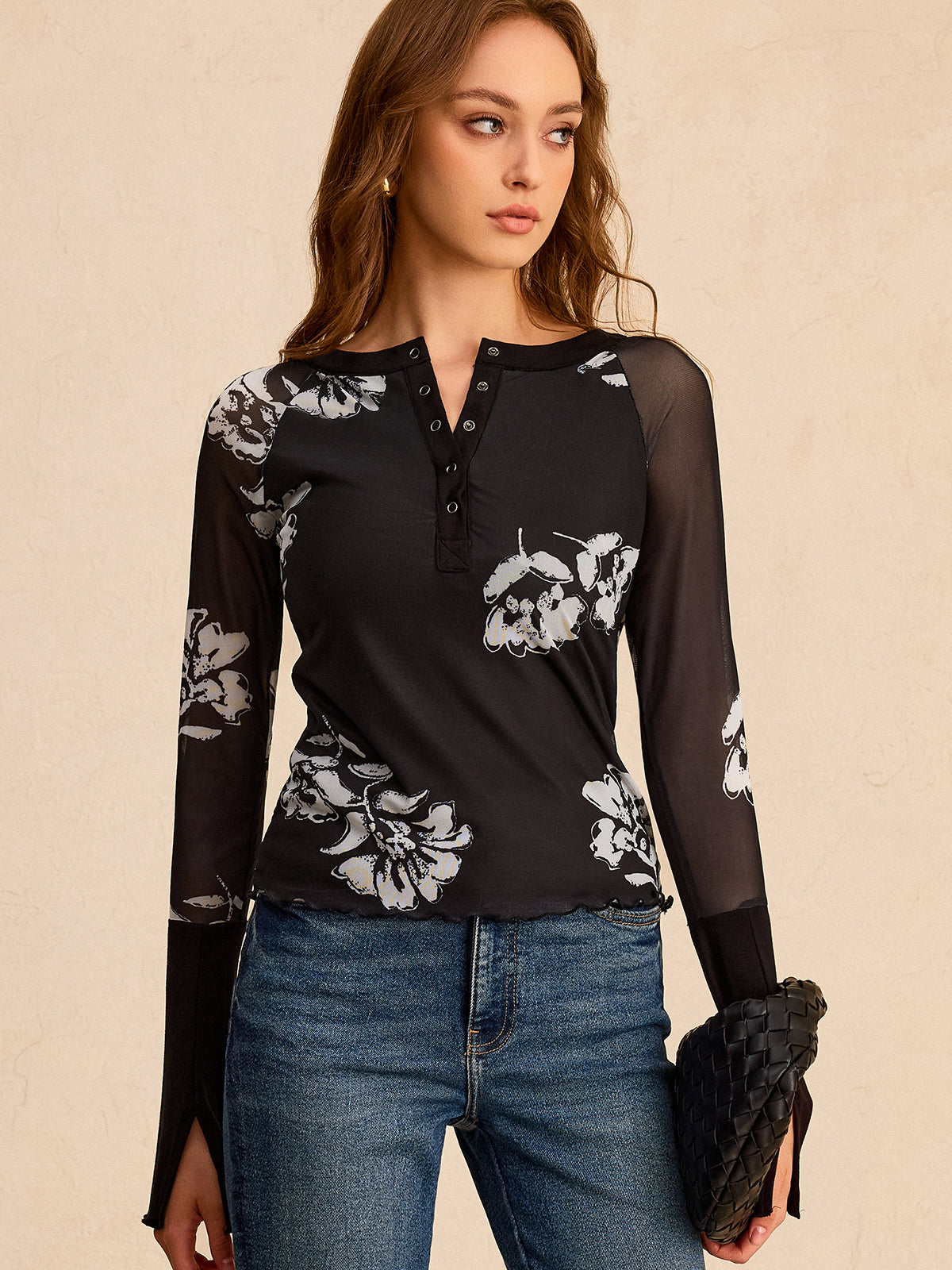 Floral Print Mesh Sleeve T-Shirt
