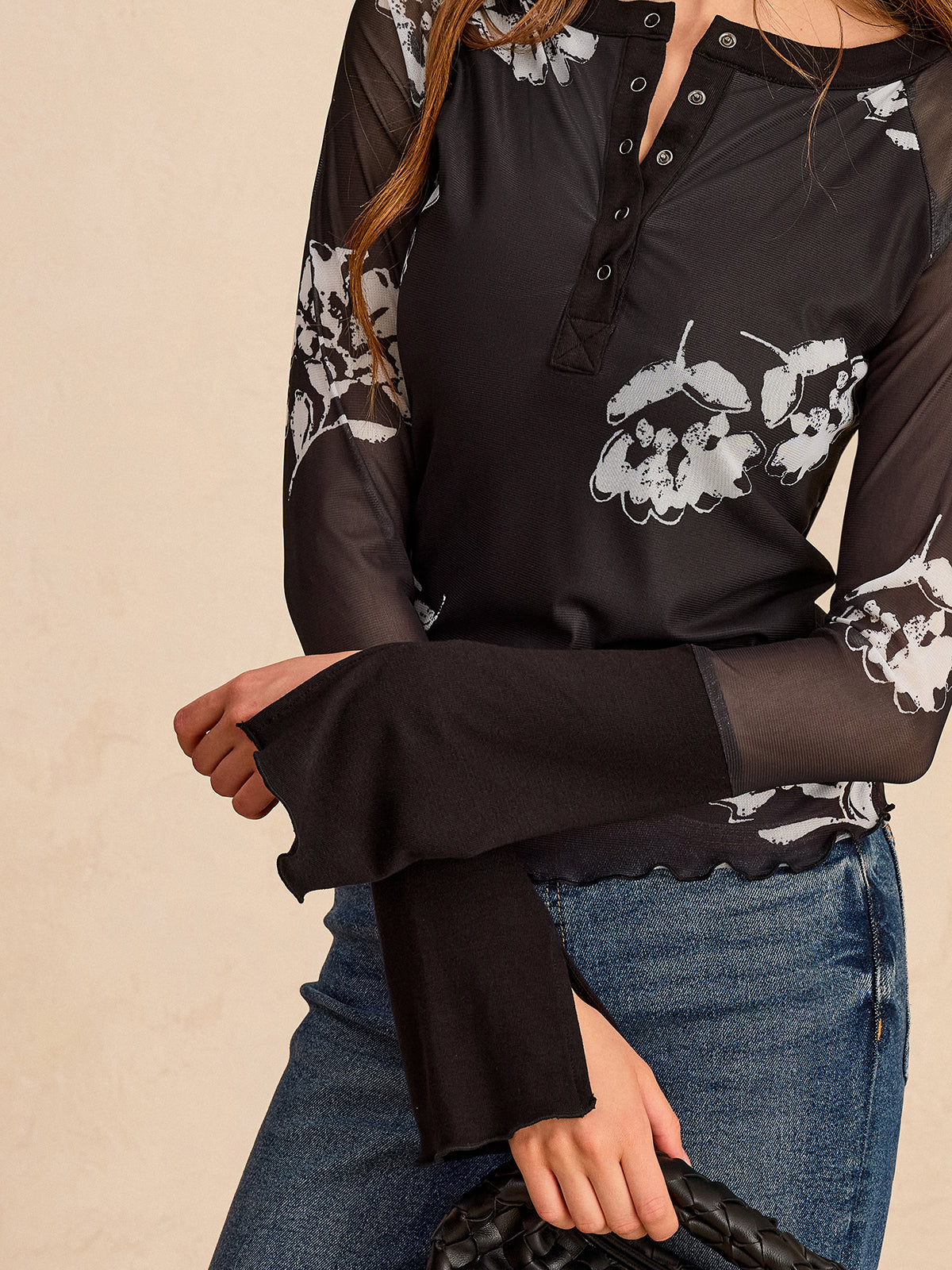 Floral Print Mesh Sleeve T-Shirt