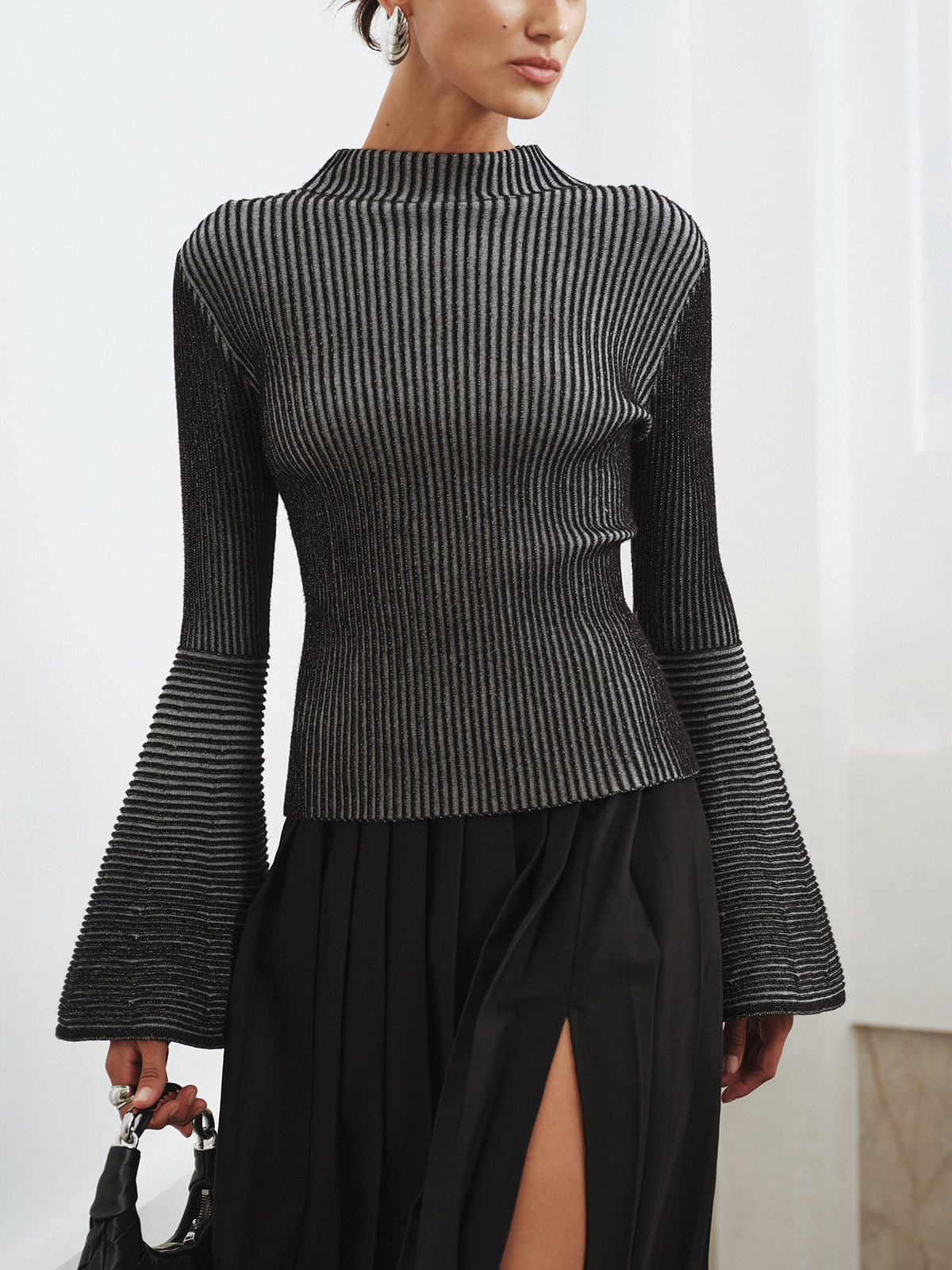 Flared Sleeve Striped Mock Neck Sweater