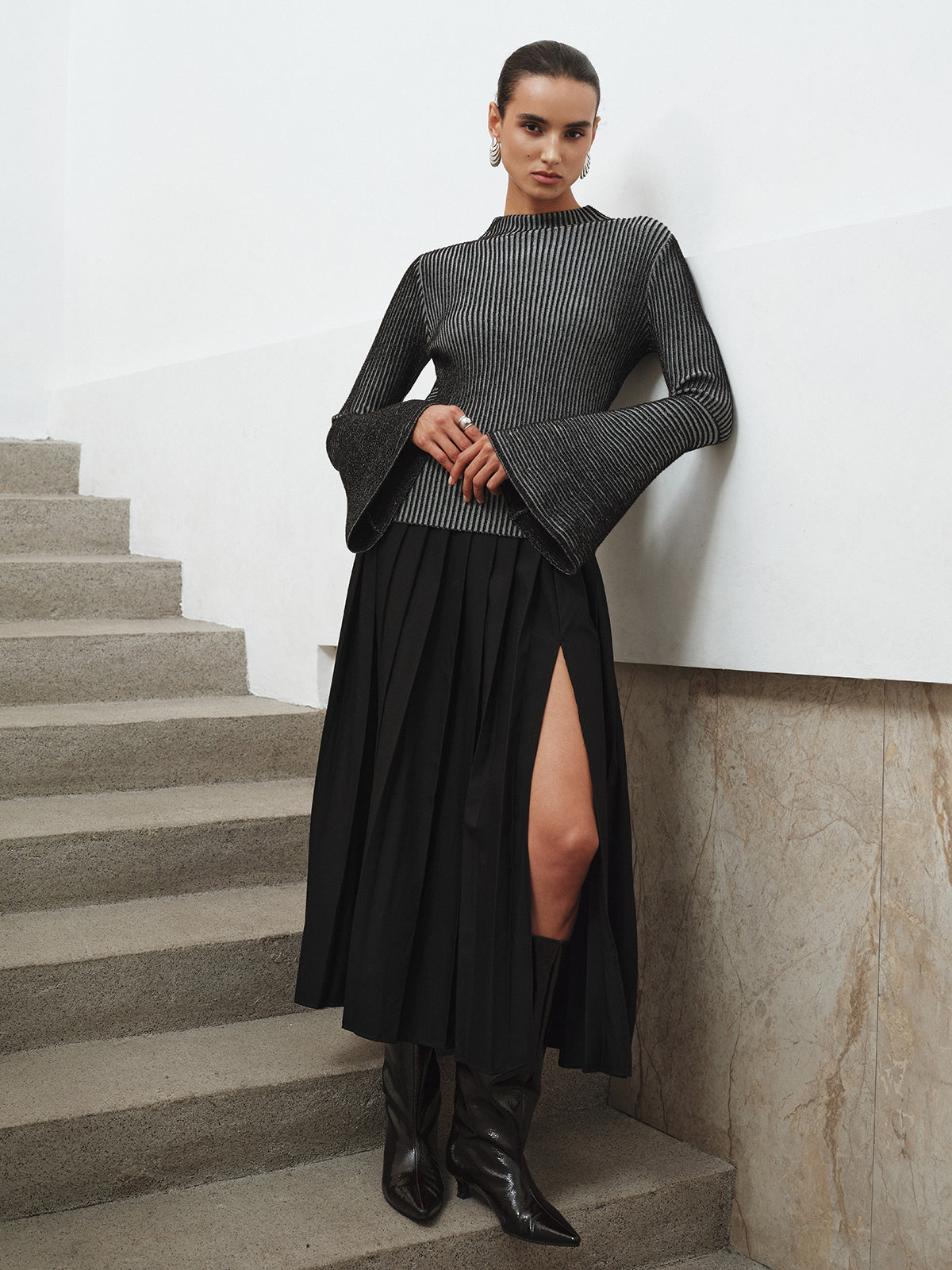 Flared Sleeve Striped Mock Neck Sweater