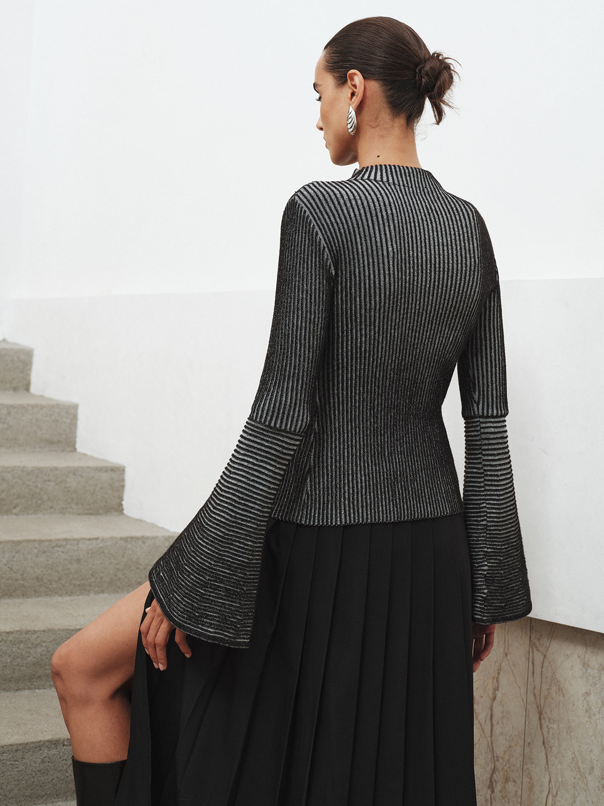 Flared Sleeve Striped Mock Neck Sweater