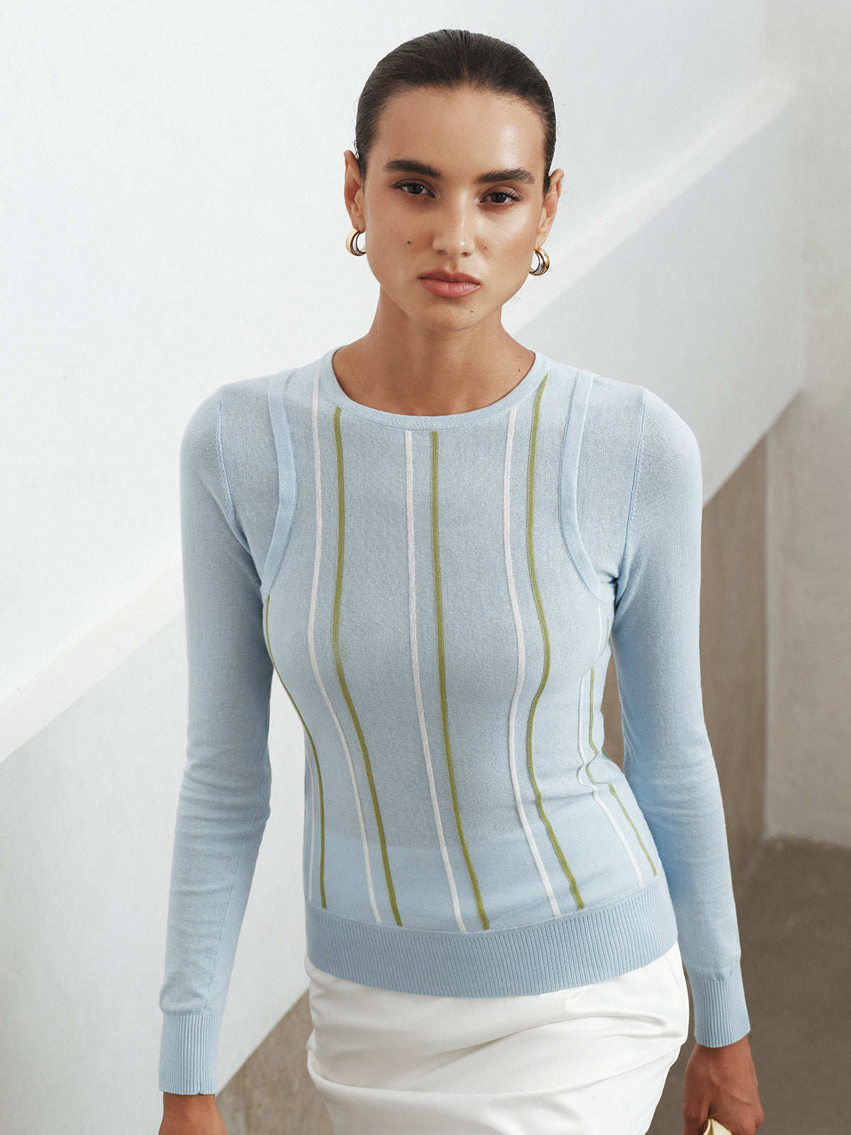 Haut en tricot rayé à col rond et blocs de couleur