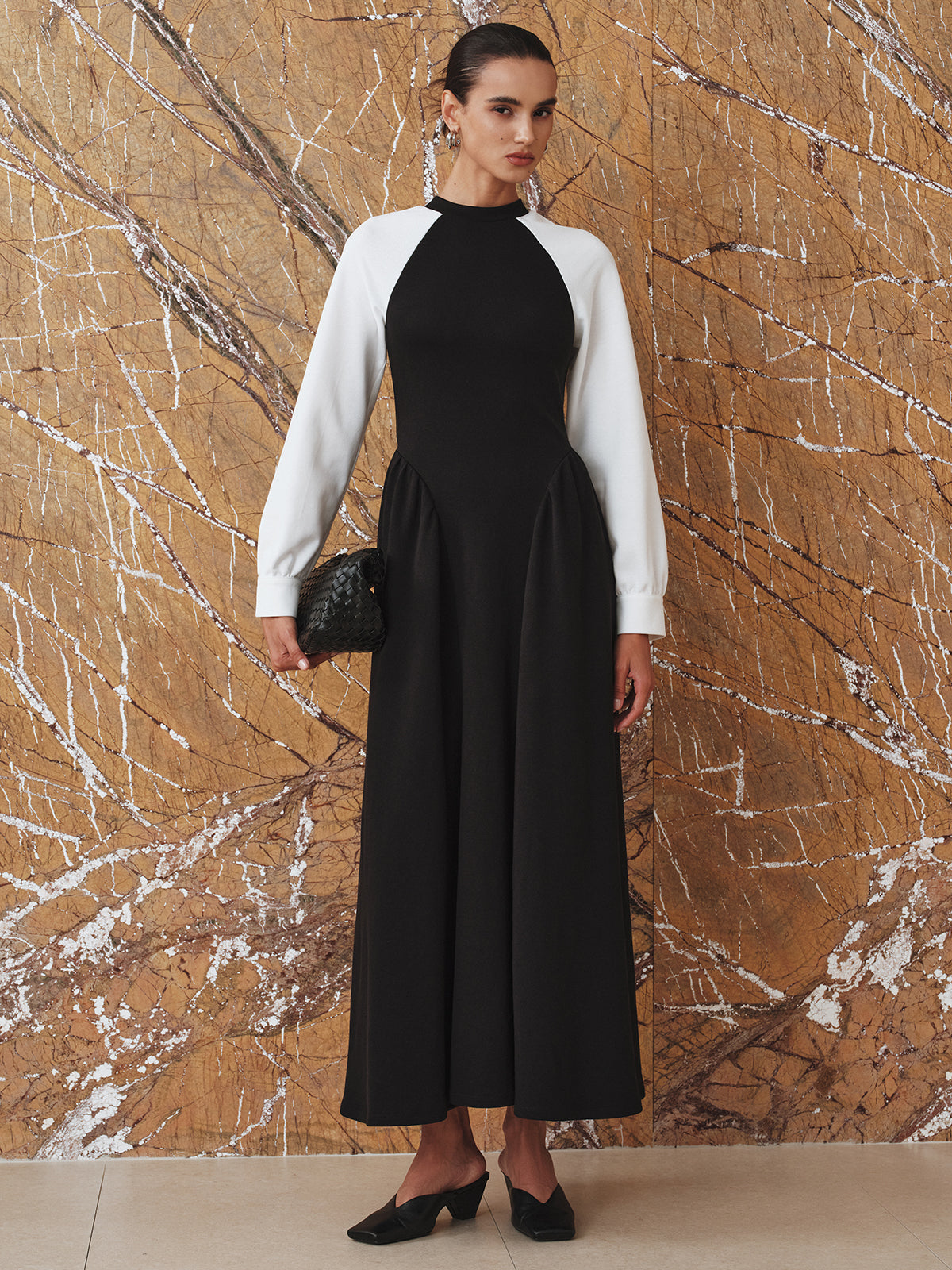 Contrast-Sleeve Pleated Midi Dress