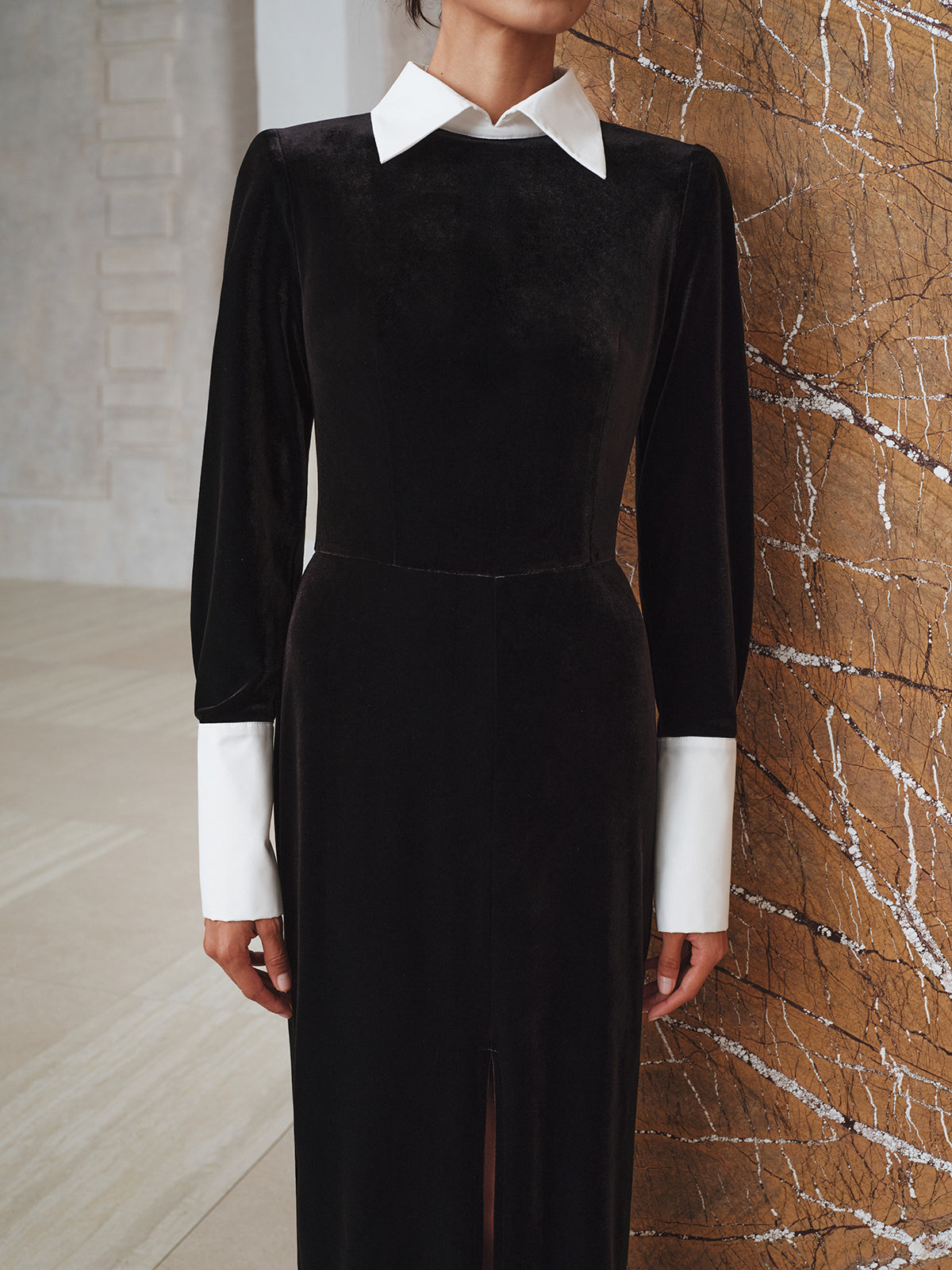 Contrast Panel Slit Long Sleeve Velvet Maxi Dress