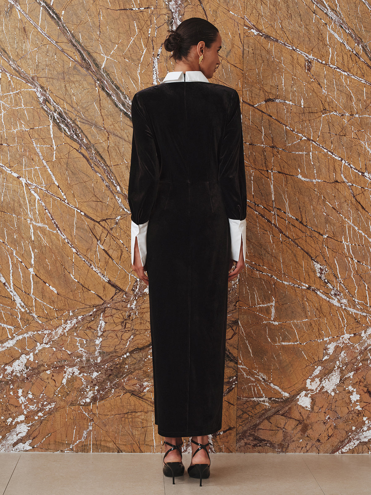 Contrast Panel Slit Long Sleeve Velvet Maxi Dress