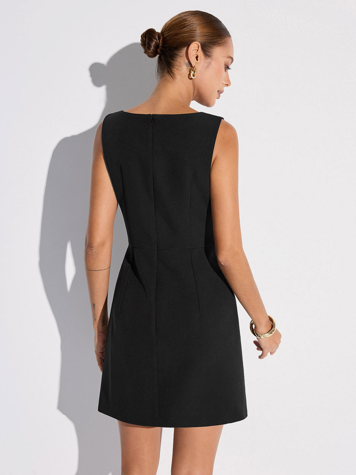 Sleeveless Fitted Asymmetric Metal Detail Mini Dress