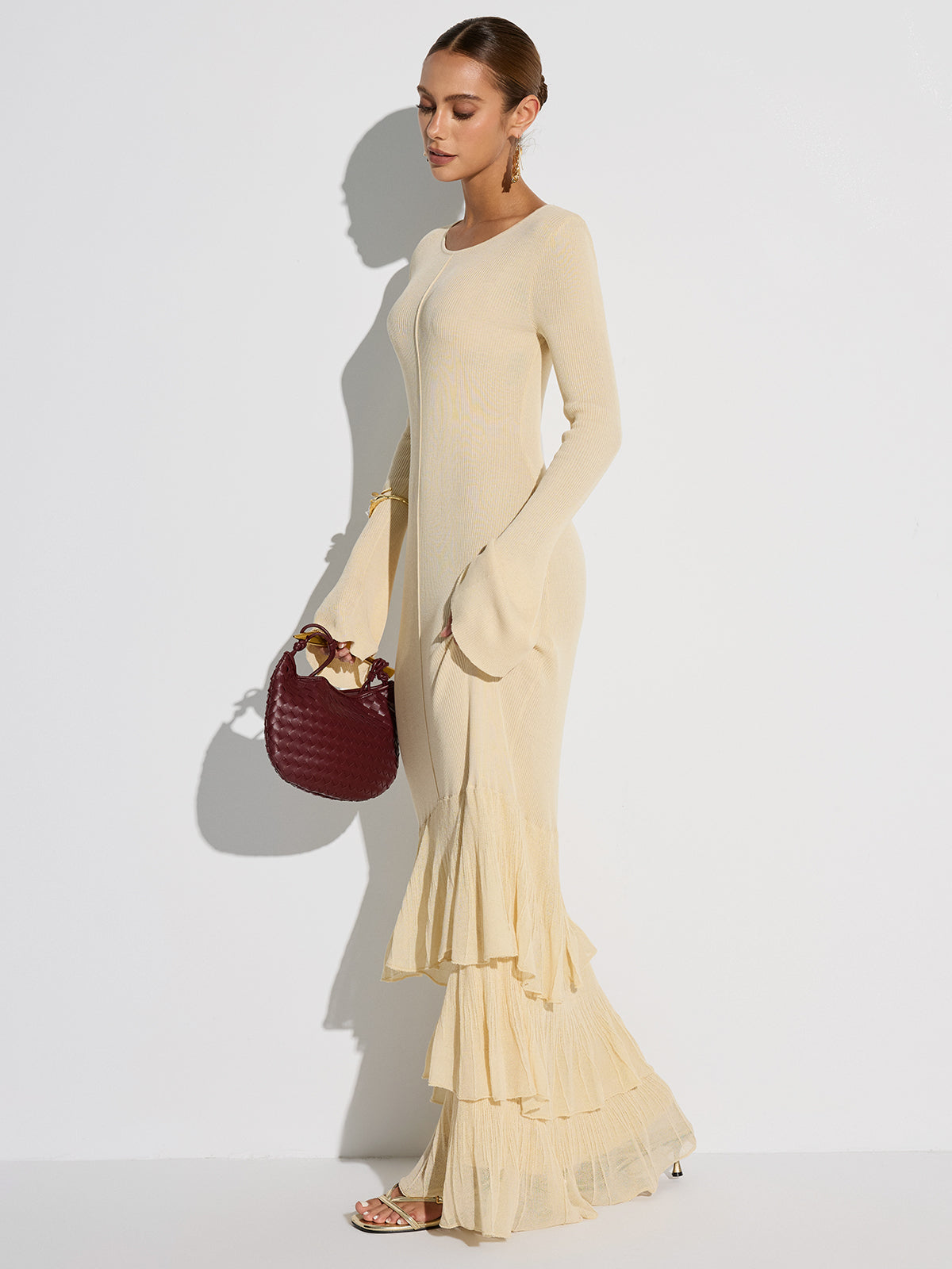 Robe longue en tricot à volants étagés