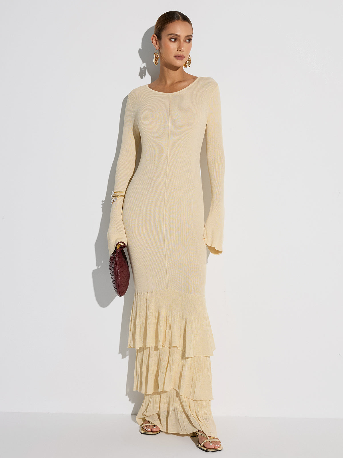 Robe longue en tricot à volants étagés