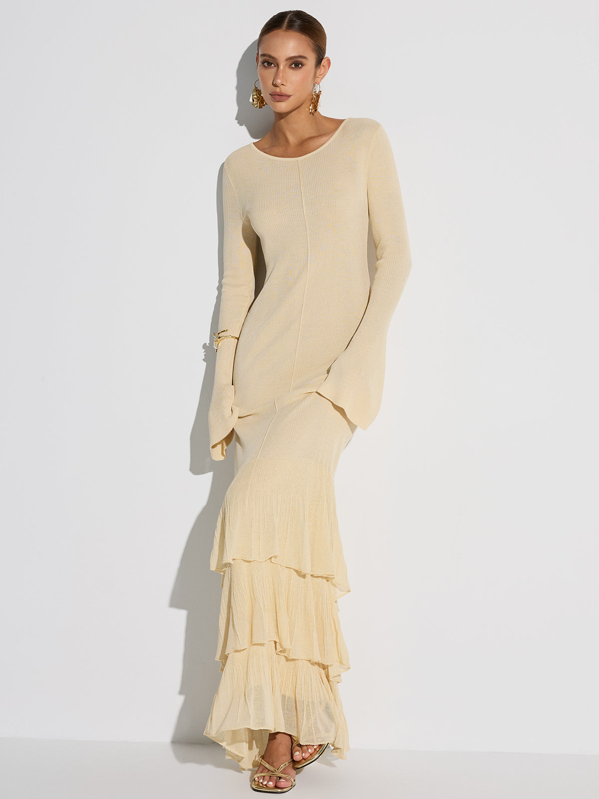 Robe longue en tricot à volants étagés