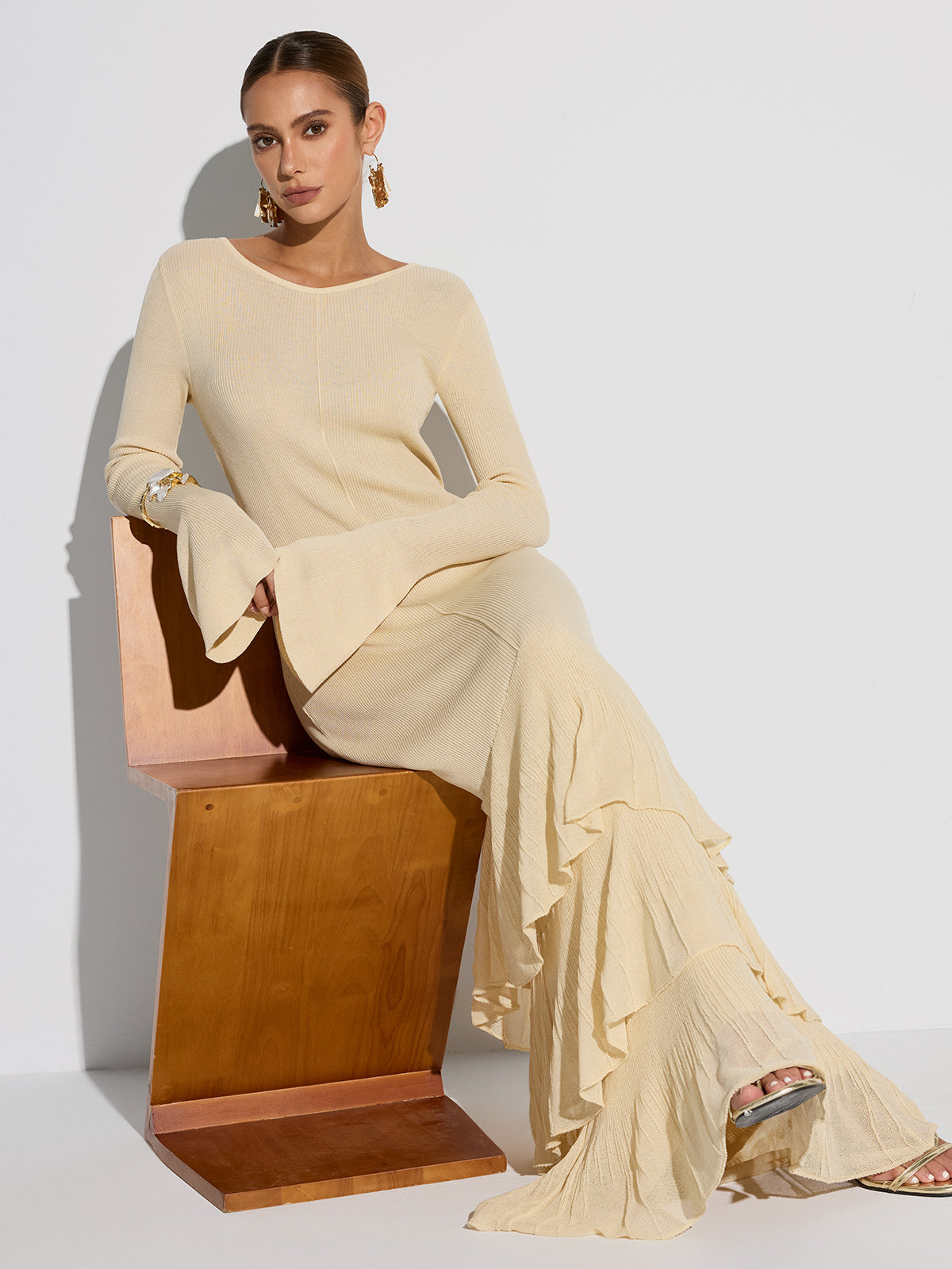 Robe longue en tricot à volants étagés
