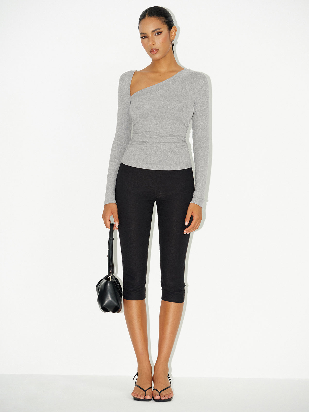 Asymmetric Neckline Ruched Long Sleeve Blouse