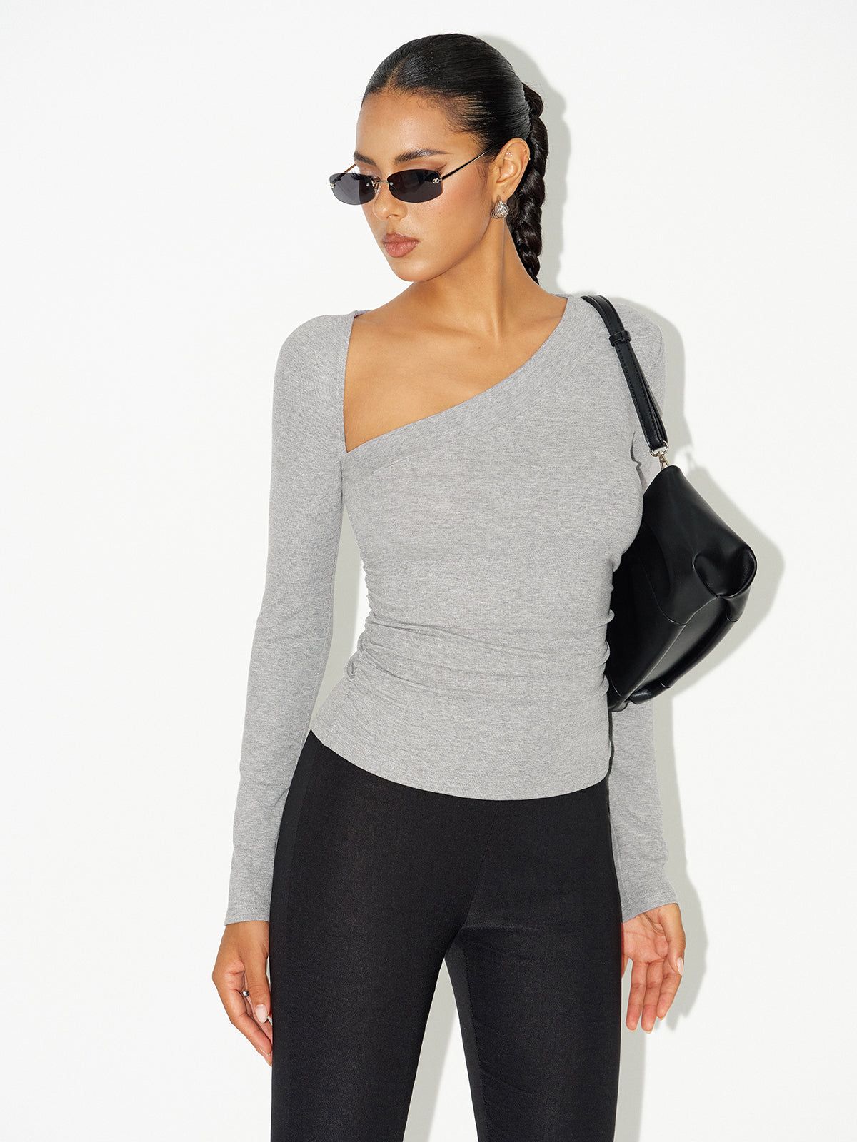 Asymmetric Neckline Ruched Long Sleeve Blouse