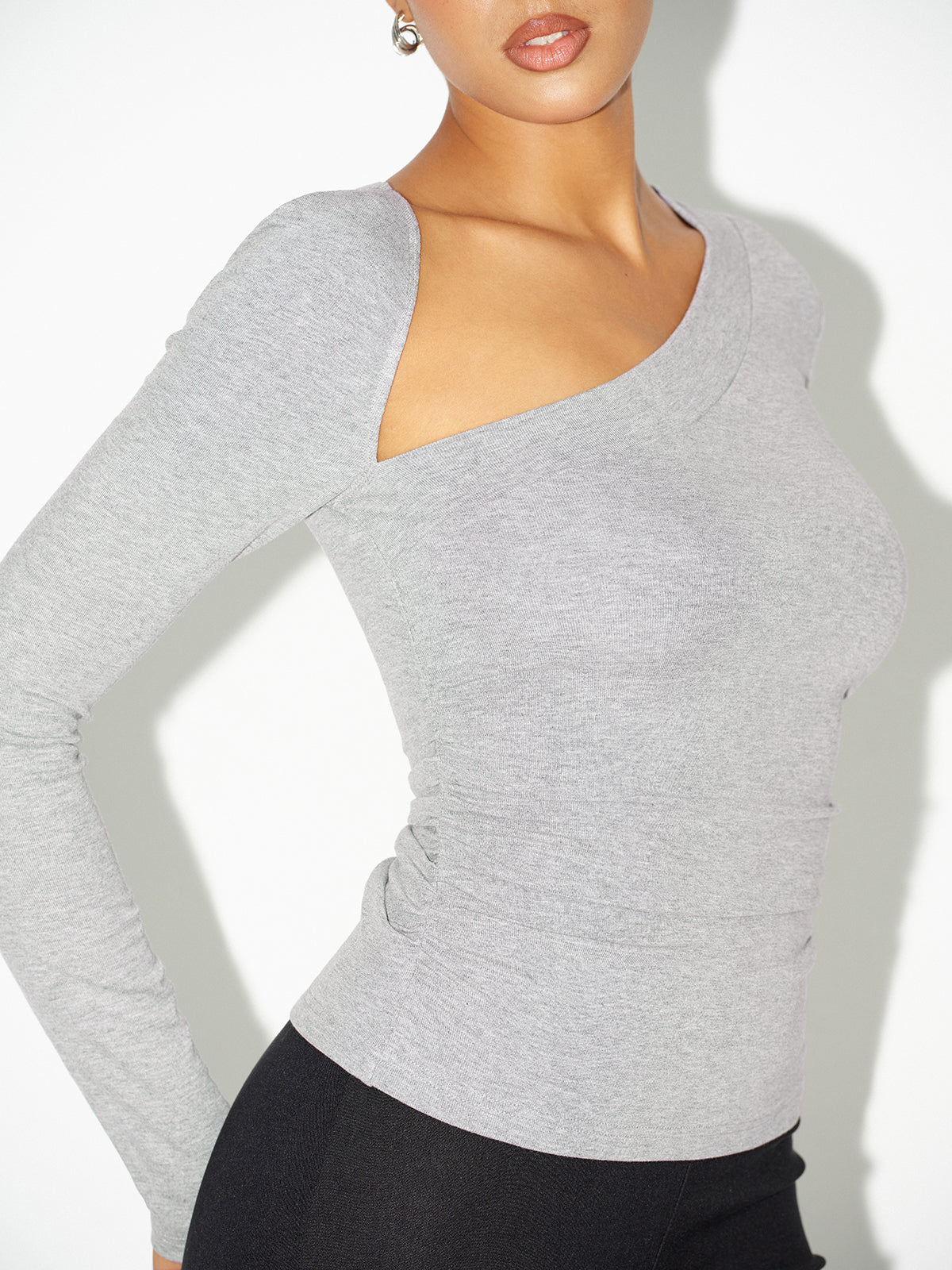 Asymmetric Neckline Ruched Long Sleeve Blouse