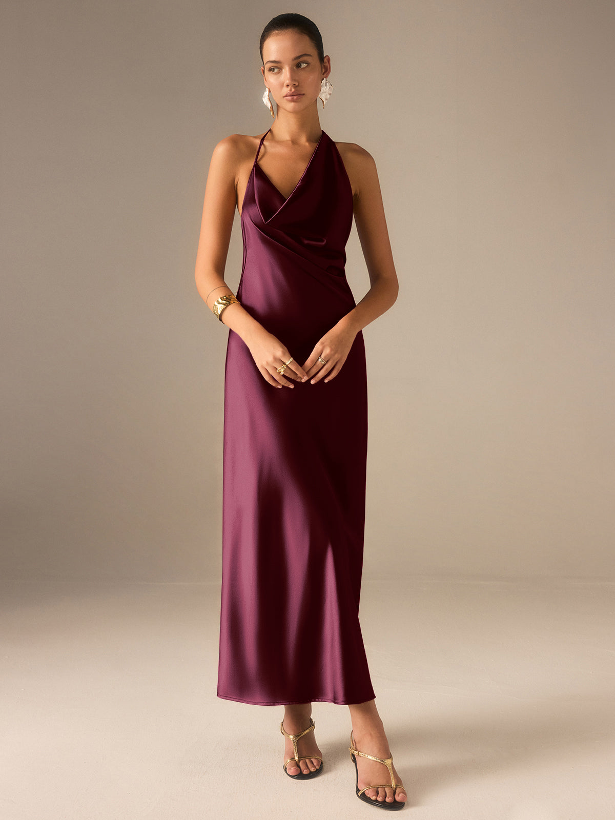 Satin Halter-Neck Backless Maxi Dress