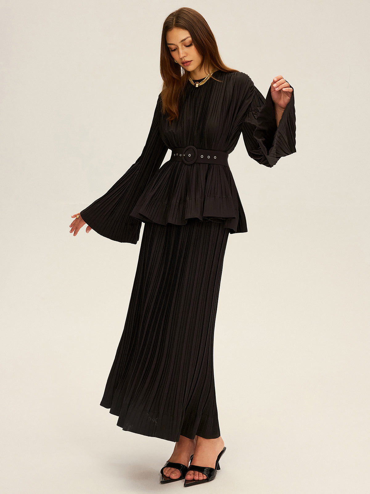 Pleated Bell Sleeve Belted Peplum Blouse