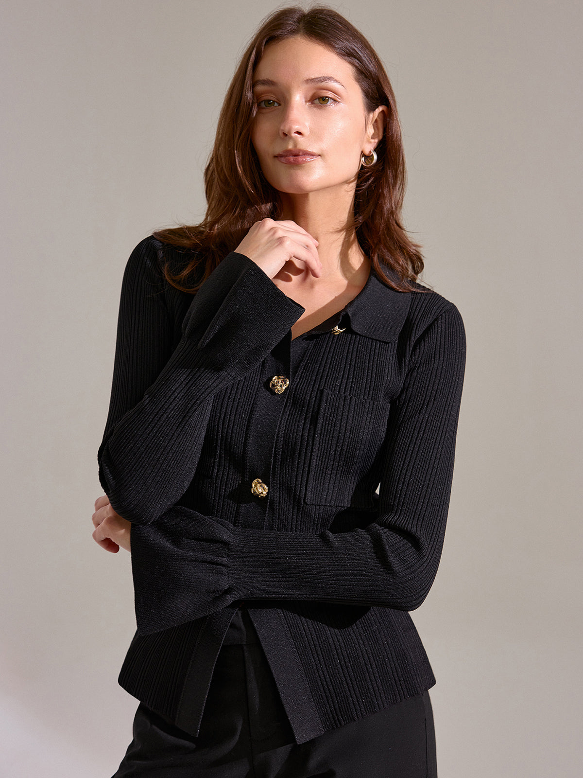 Bell Sleeve Ribbed Knit Polo Top