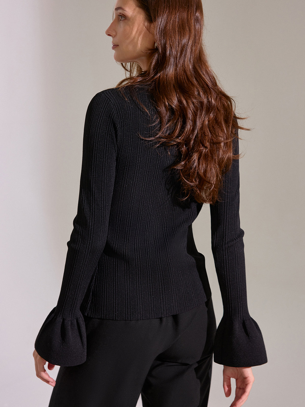 Bell Sleeve Ribbed Knit Polo Top