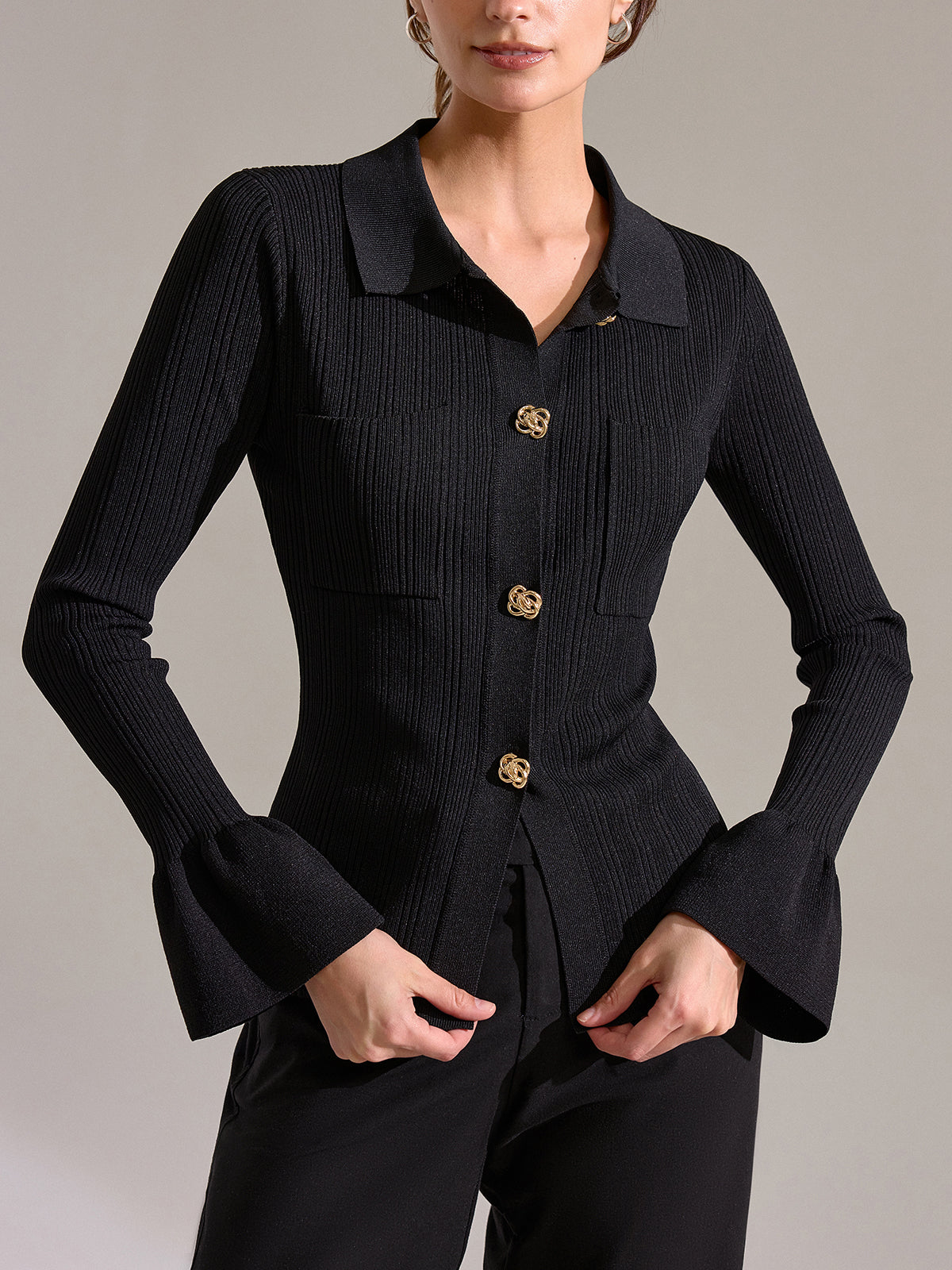 Bell Sleeve Ribbed Knit Polo Top