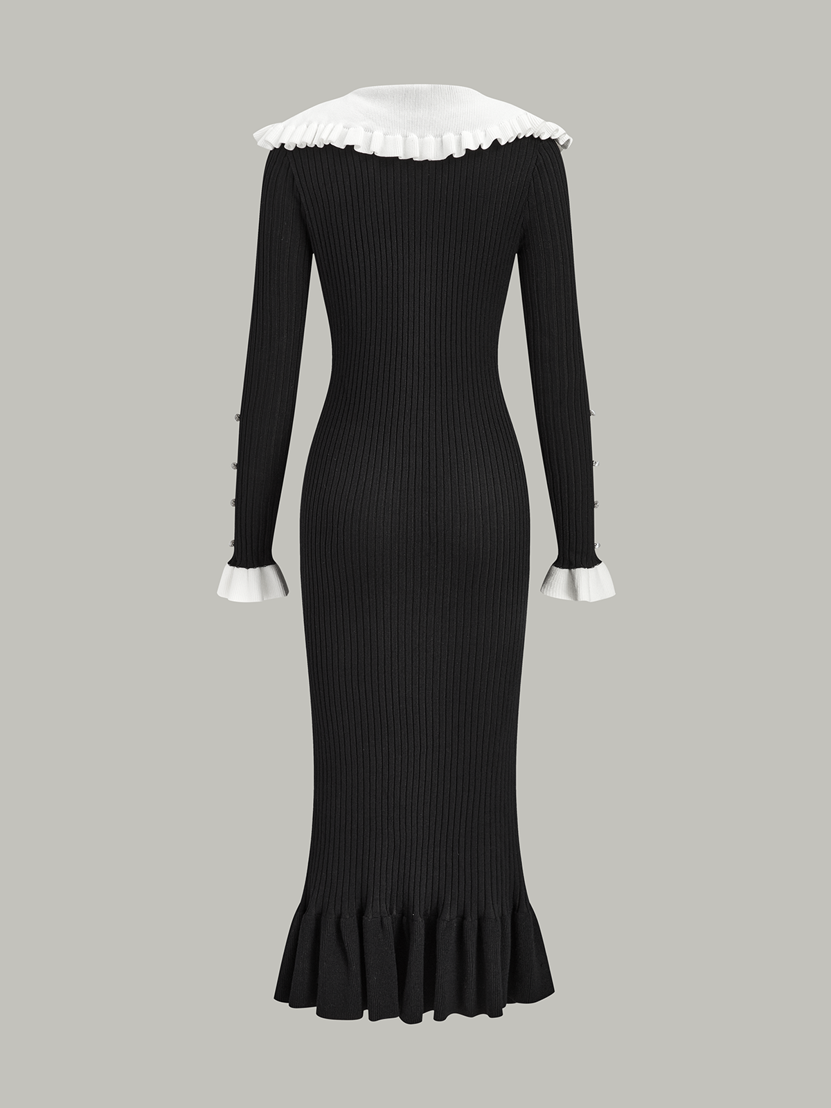 Midi-Strickkleid mit Rüschenkragen in Kontrastfarbe
