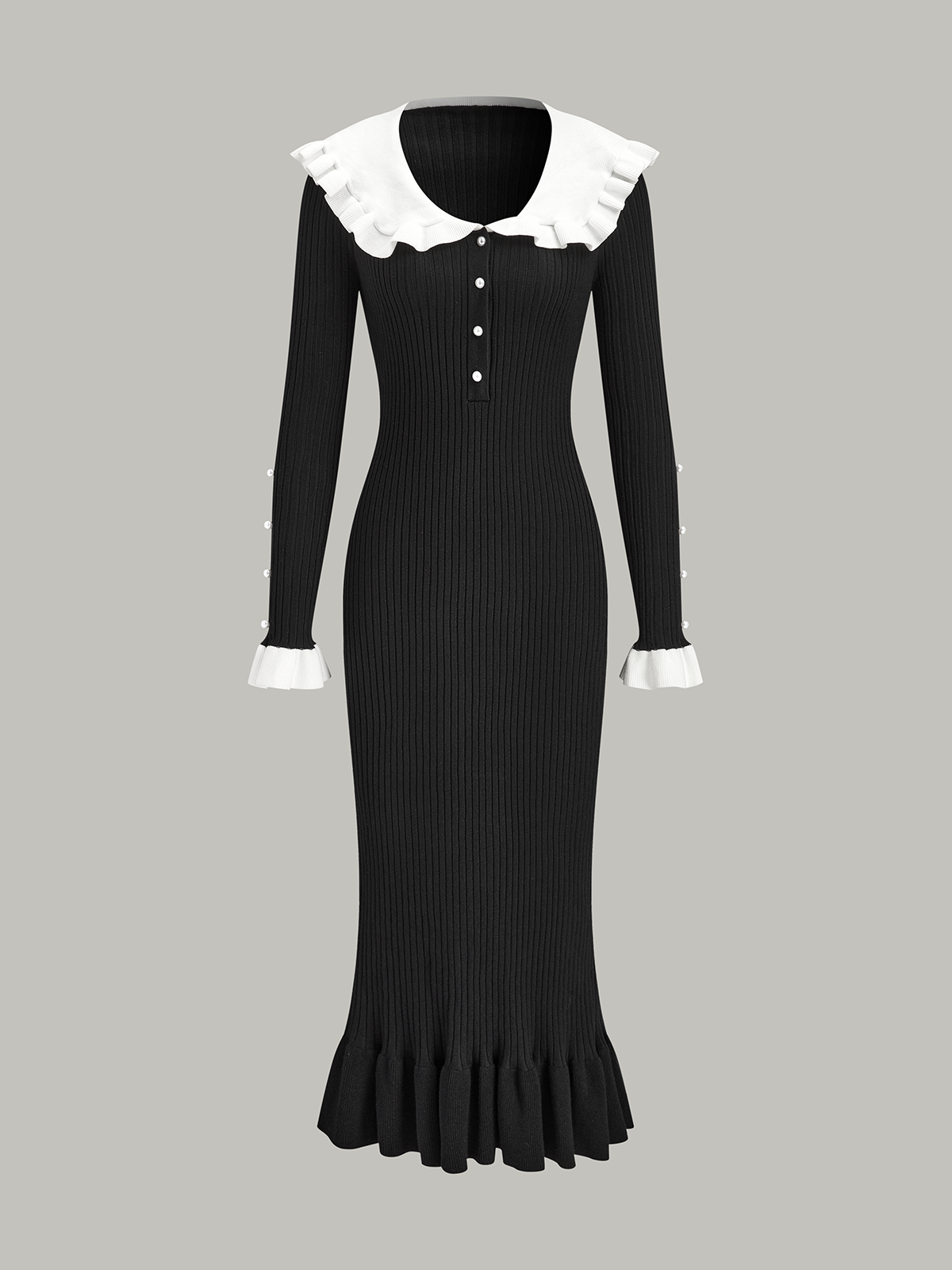 Midi-Strickkleid mit Rüschenkragen in Kontrastfarbe