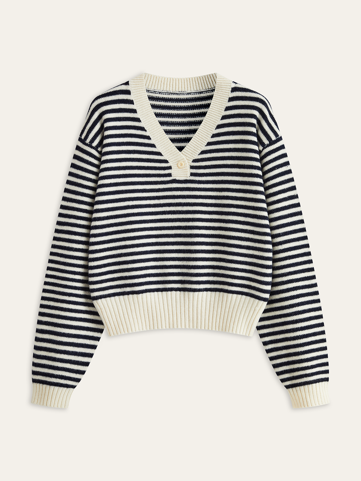 Gestreifter V-Ausschnitt-Pullover aus Wollmischung mit Knöpfen