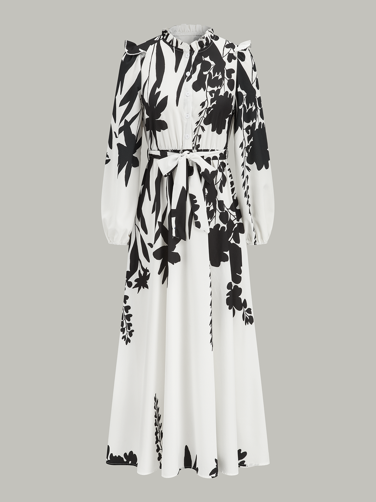Robe longue à imprimé floral, col volanté et ceinture