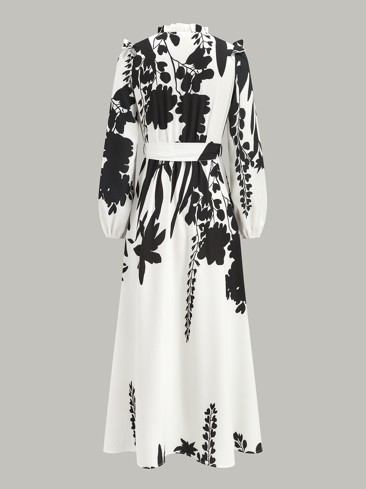 Robe longue à imprimé floral, col volanté et ceinture