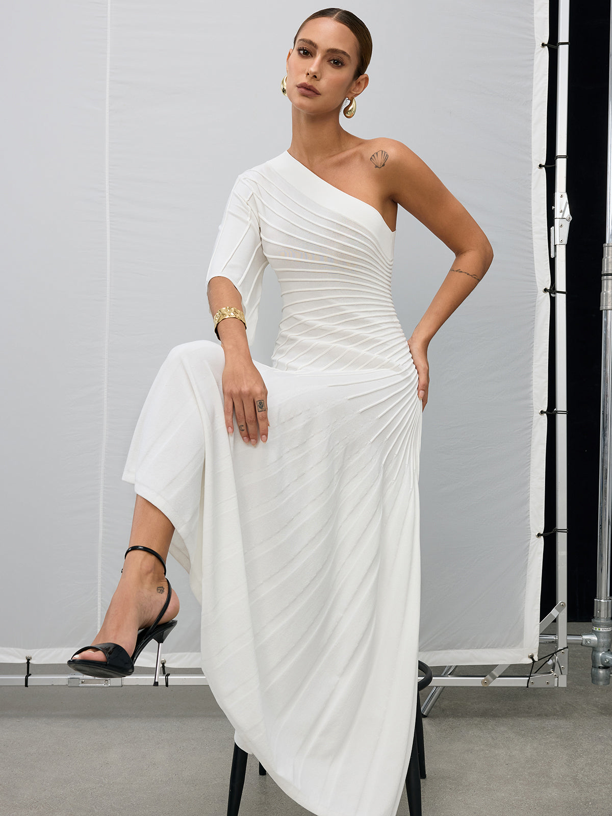 Asymmetric One-Shoulder Textured Sweater Dress