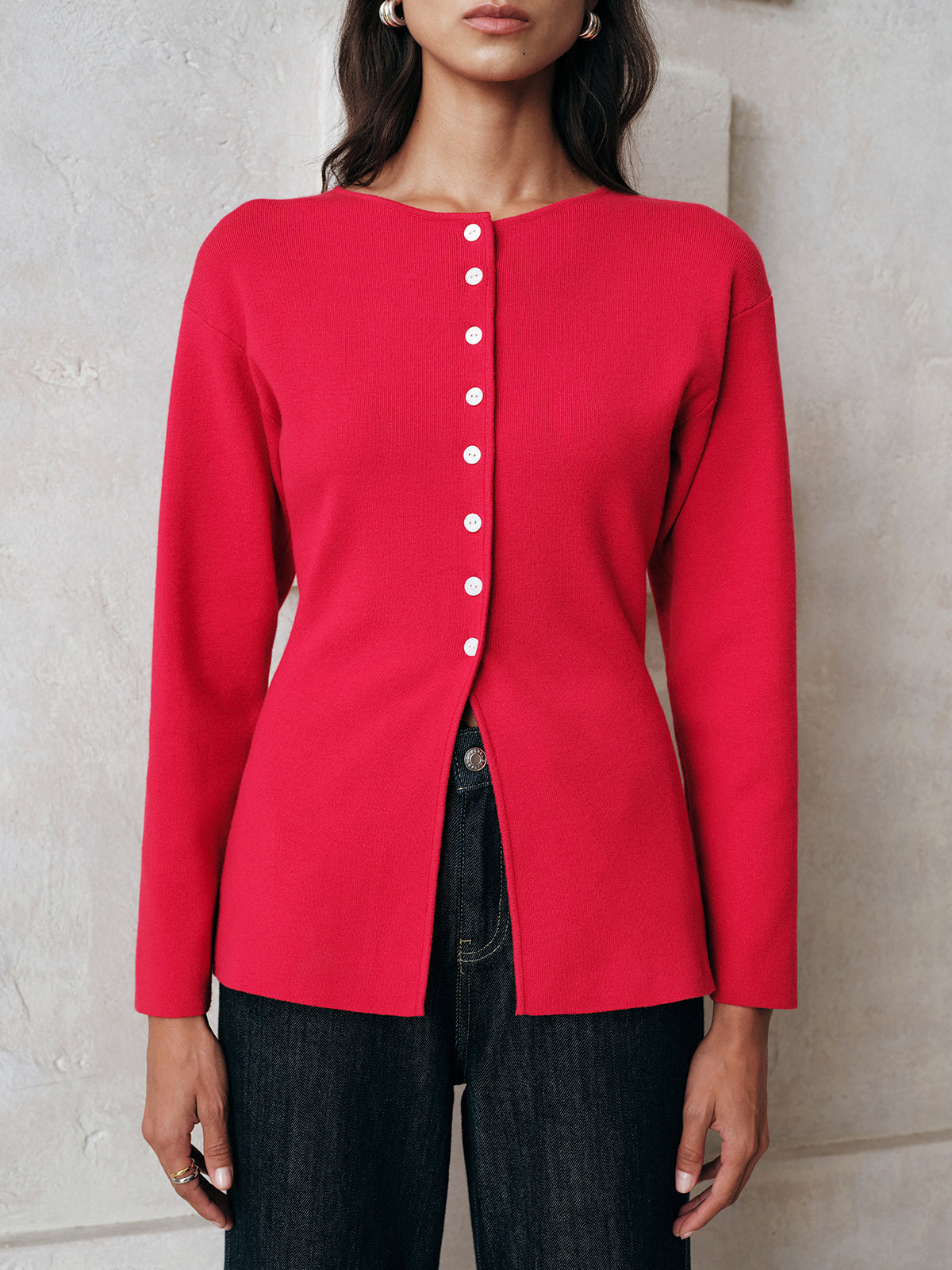 Button-Front Long Sleeve Knit Top