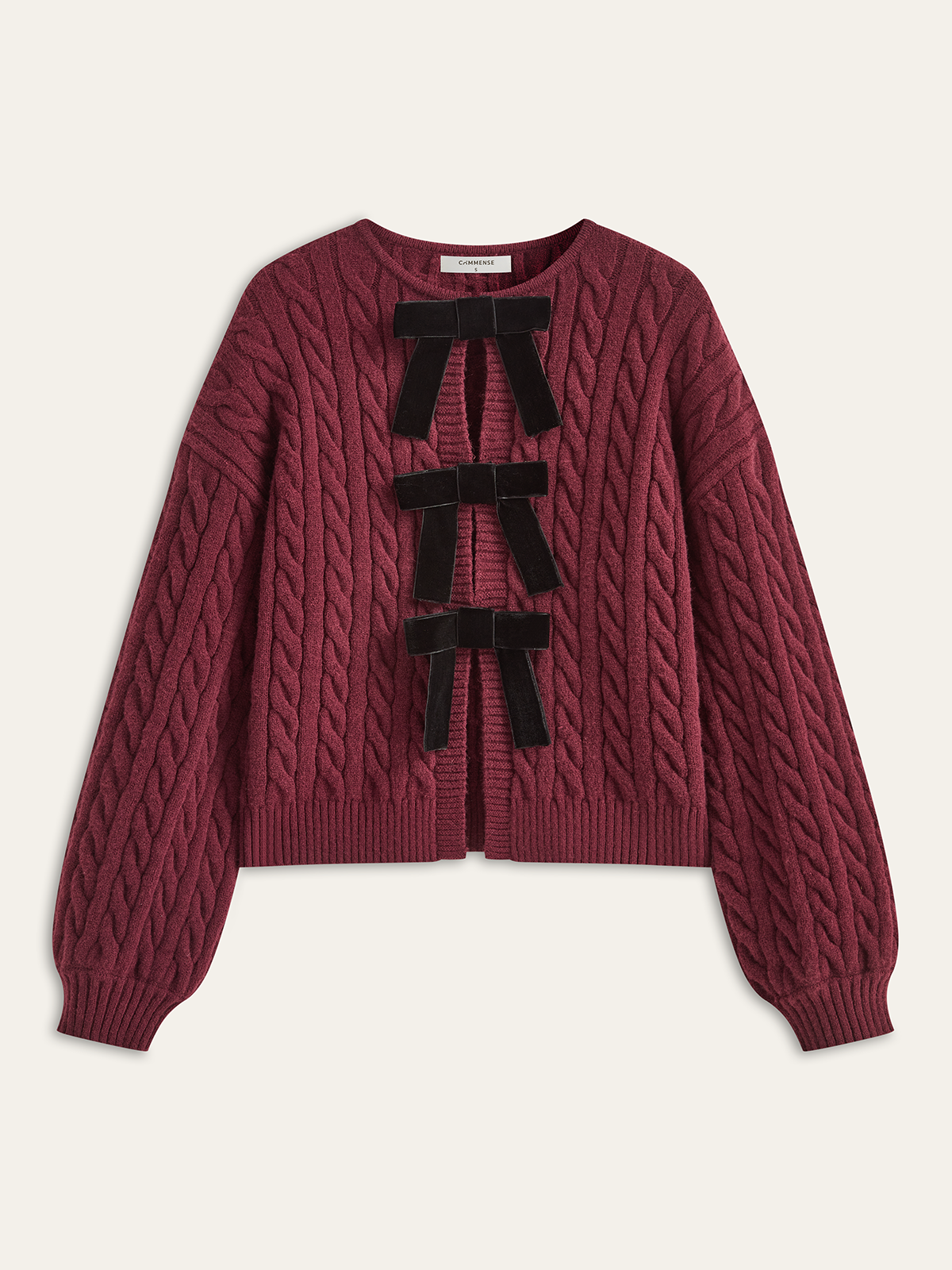 Velvet Bow Cable Knit Cardigan