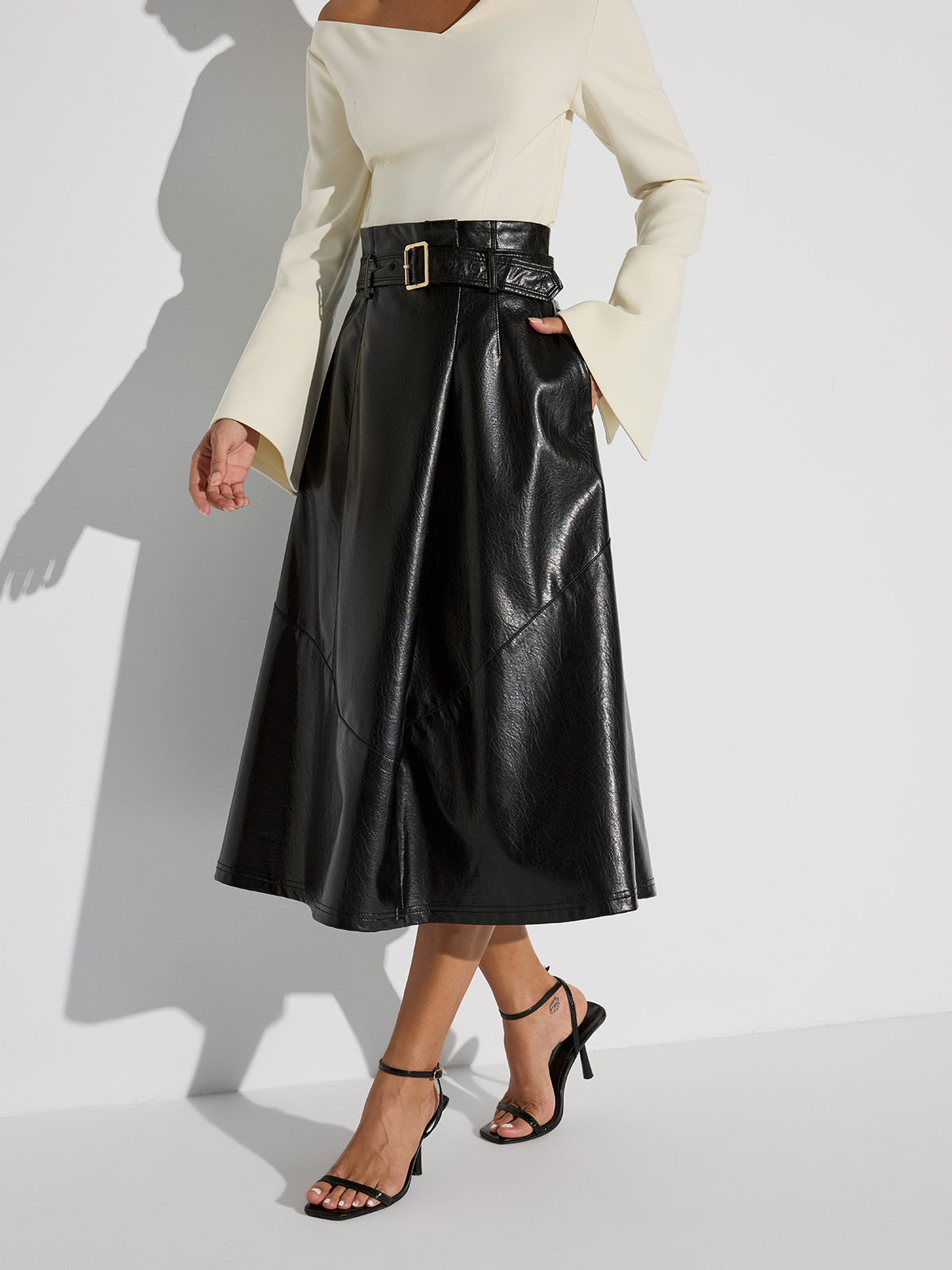 Belted PU Leather Maxi Skirt