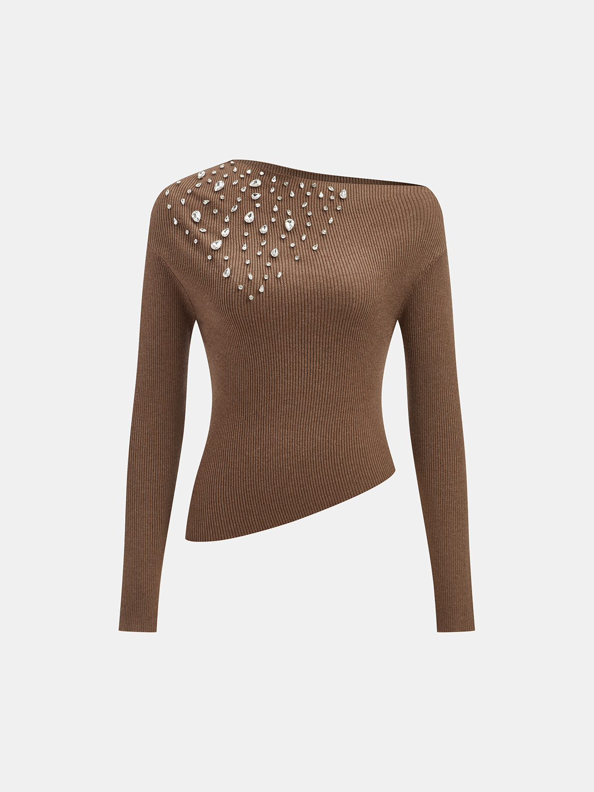 Off-Shoulder Rhinestone Ribbed Wool Blend Knit Top