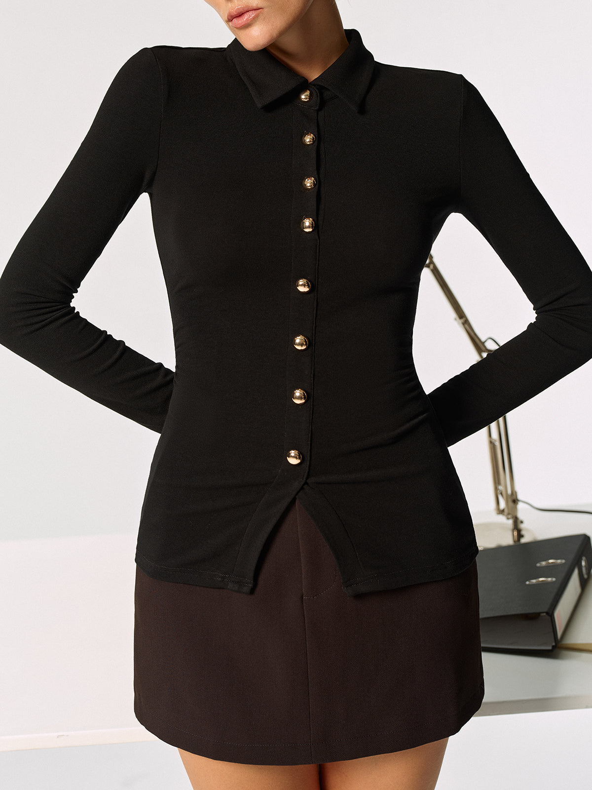 Metal Button Long Sleeve Polo Collar Blouse