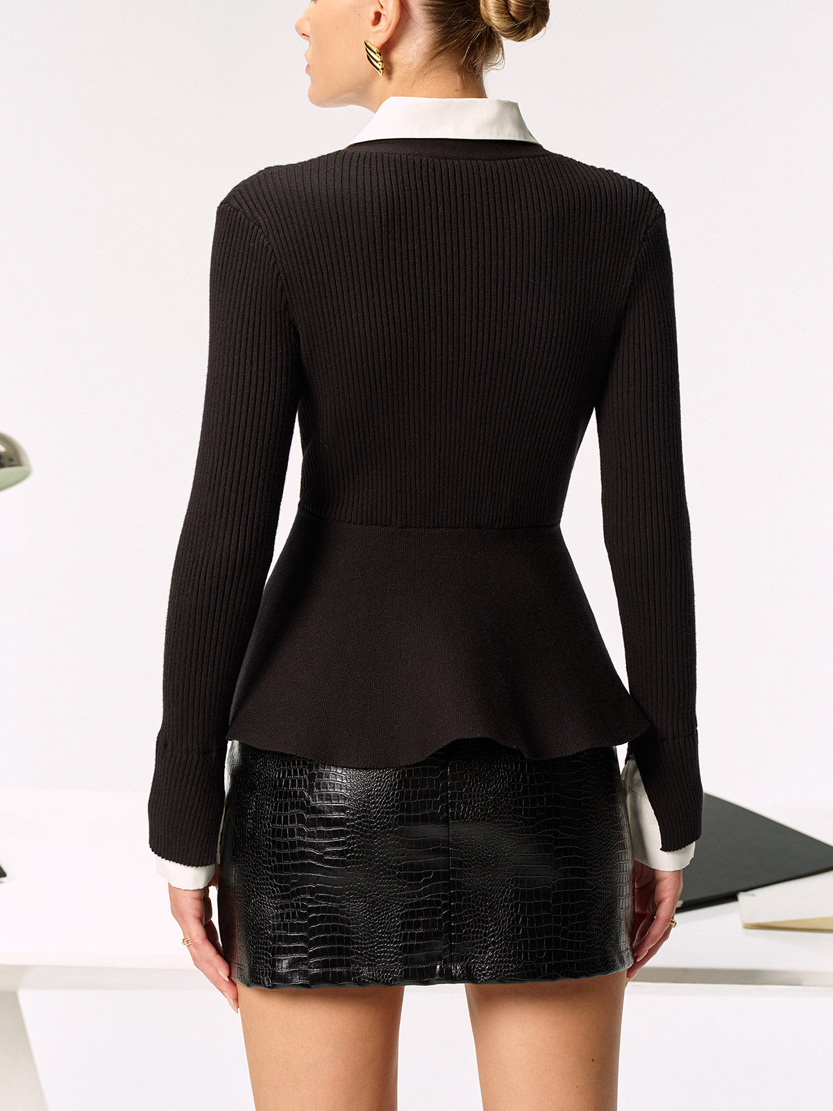 Cardigan en maille côtelée peplum 2 en 1 avec empiècement façon chemise